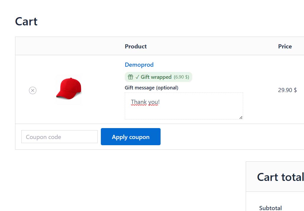 Gift wrapping in cart with message
