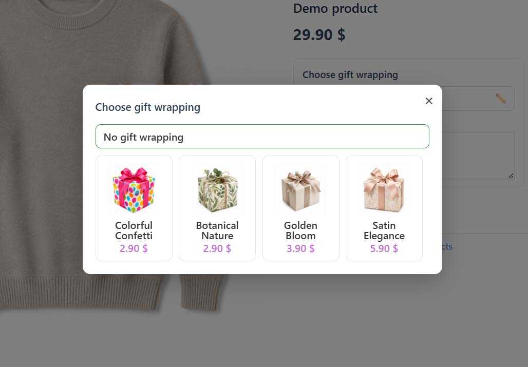 Gift wrapping on product page